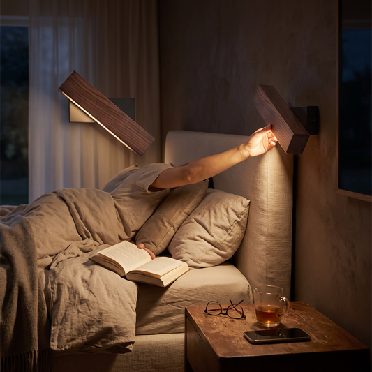 Rotating Wooden LED Wall Lamp in a styled room